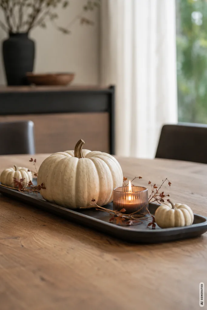 Moderne Herbstdeko für den Esstisch mit cremefarbenen Kürbissen, Kerze und Zweigen auf einem dunklen Tablett.