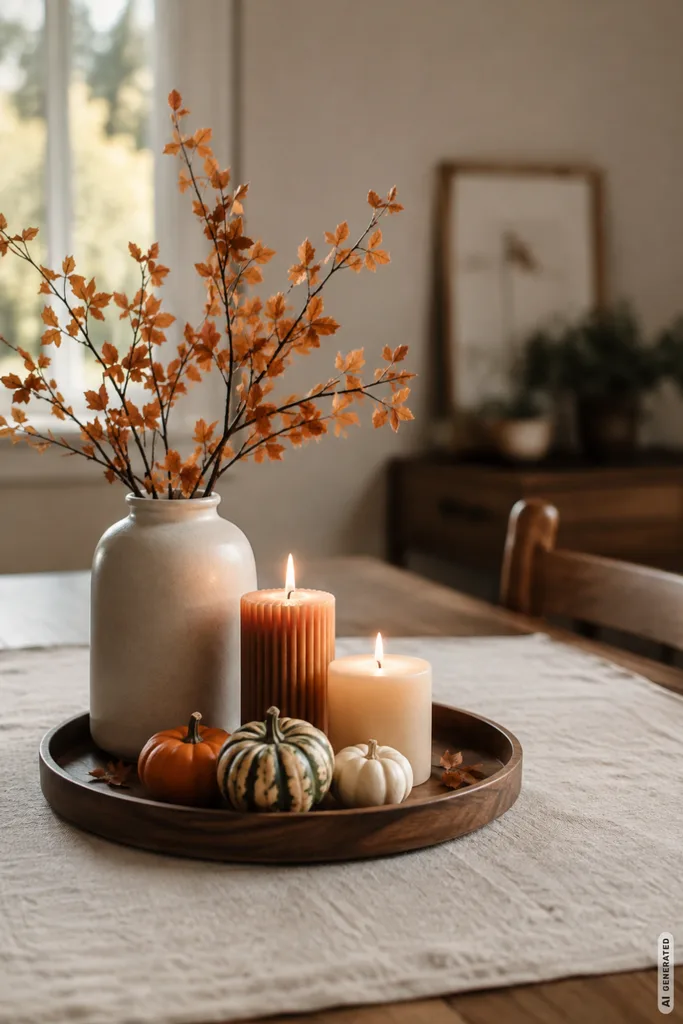 Moderne Herbstdeko für den Esstisch mit Kürbissen, Kerzen und warmen Naturtönen.