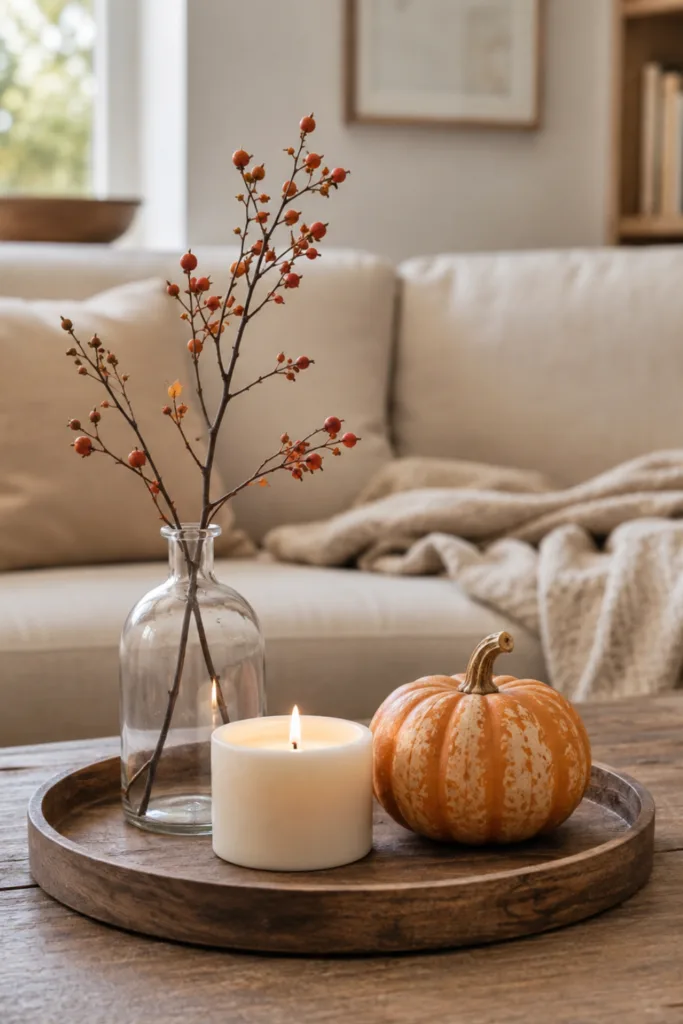 Herbstdeko fürs kleine Wohnzimmer – 5 einfache Dekoideen mit schöner Wirkung Herbstdeko für ein kleines Wohnzimmer mit Tablett, Kerze, Glasvase und Kürbis auf dem Couchtisch.