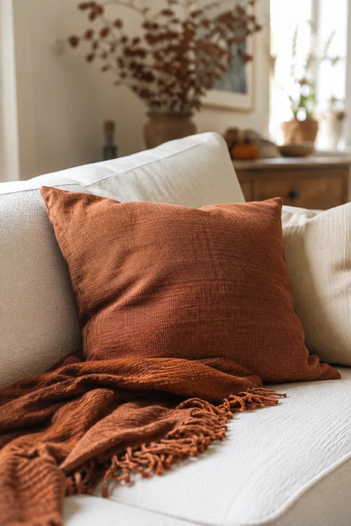 Herbstdeko fürs kleine Wohnzimmer – 5 einfache Dekoideen mit schöner Wirkung Herbstdeko für ein kleines Wohnzimmer mit rostfarbenem Kissen und Decke auf hellem Sofa.