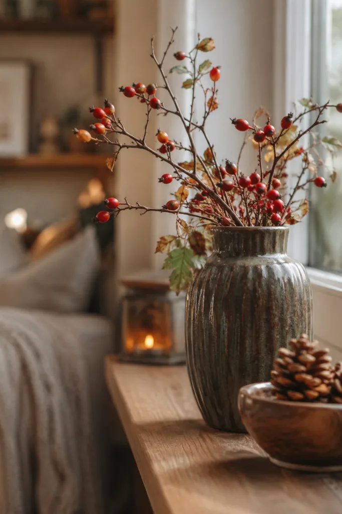 Herbstdeko fürs kleine Wohnzimmer – 5 einfache Dekoideen mit schöner Wirkung Herbstdeko für ein kleines Wohnzimmer mit Hagebuttenzweigen, Keramikvase und Zapfen auf der Fensterbank.