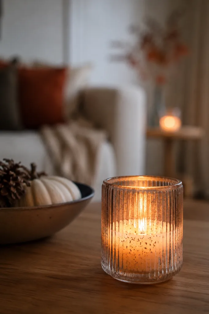 Herbstdeko fürs kleine Wohnzimmer – 5 einfache Dekoideen mit schöner Wirkung Herbstdeko für ein kleines Wohnzimmer mit Windlicht, Kürbis und warmen Naturtönen.