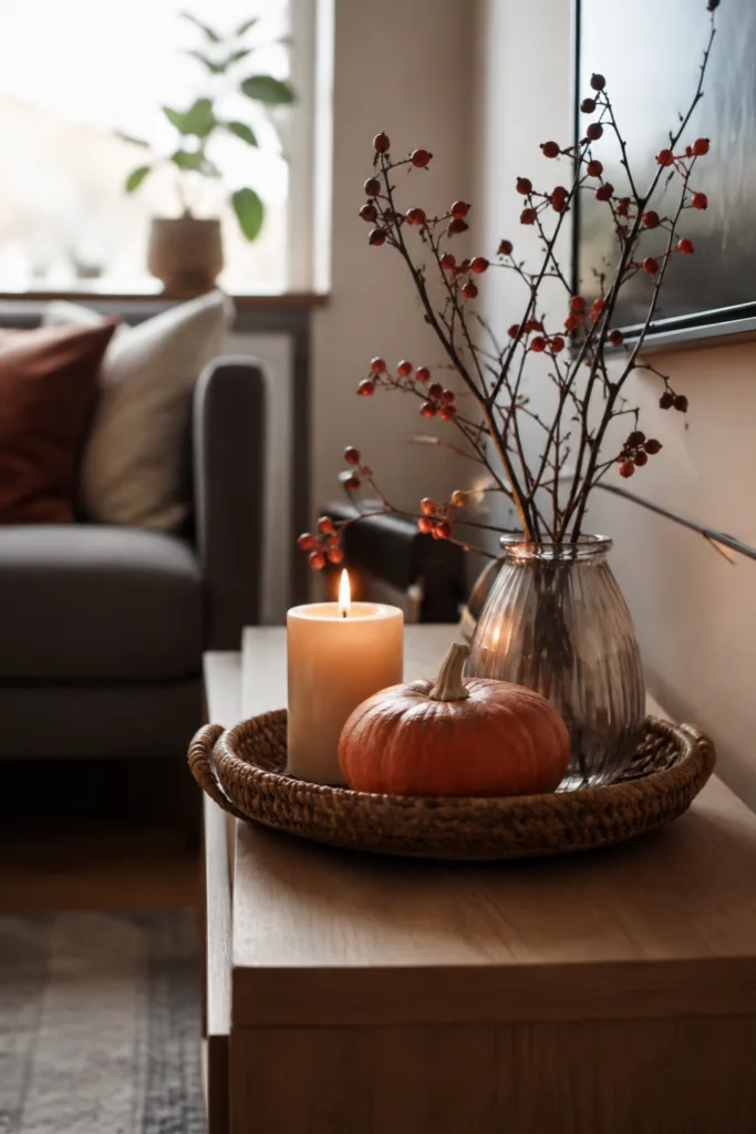Herbstdeko fürs kleine Wohnzimmer – 5 einfache Dekoideen mit schöner Wirkung Herbstdeko für ein kleines Wohnzimmer mit Kürbis, Kerze und Zweigen auf einem Holzsideboard.