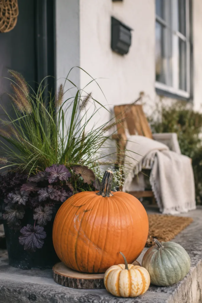 5 wunderschöne Ideen für deine Herbstdeko am Hauseingang Herbstdeko für den Hauseingang mit Kürbissen, Ziergras und natürlichen Farben.