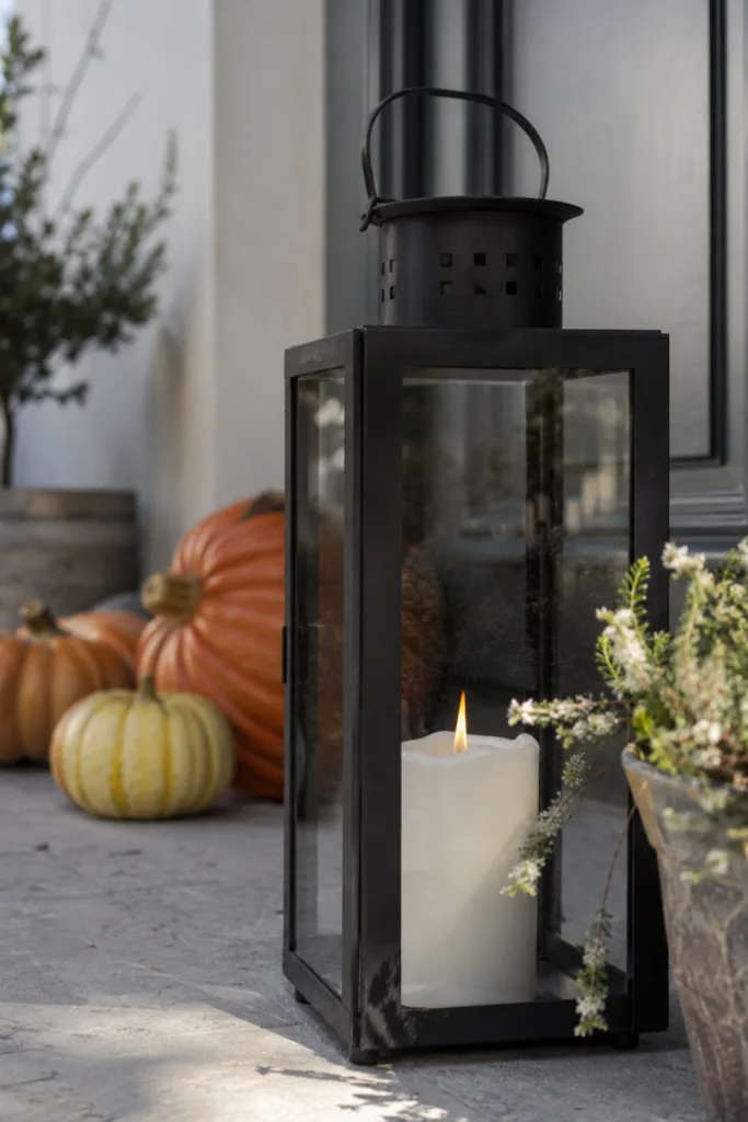 5 wunderschöne Ideen für deine Herbstdeko am Hauseingang Herbstdeko für den Hauseingang mit schwarzer Laterne, Kerze, Kürbissen und herbstlicher Bepflanzung.