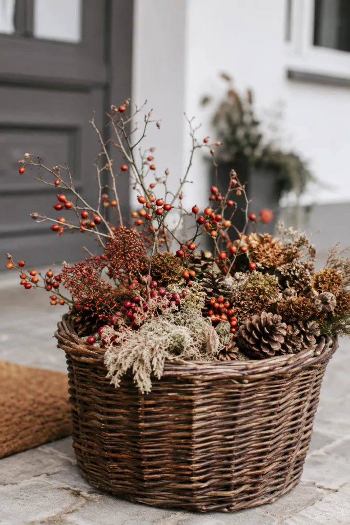 5 wunderschöne Ideen für deine Herbstdeko am Hauseingang Herbstdeko für den Hauseingang mit Naturkorb, Hagebutten, Zapfen und getrockneten Gräsern.