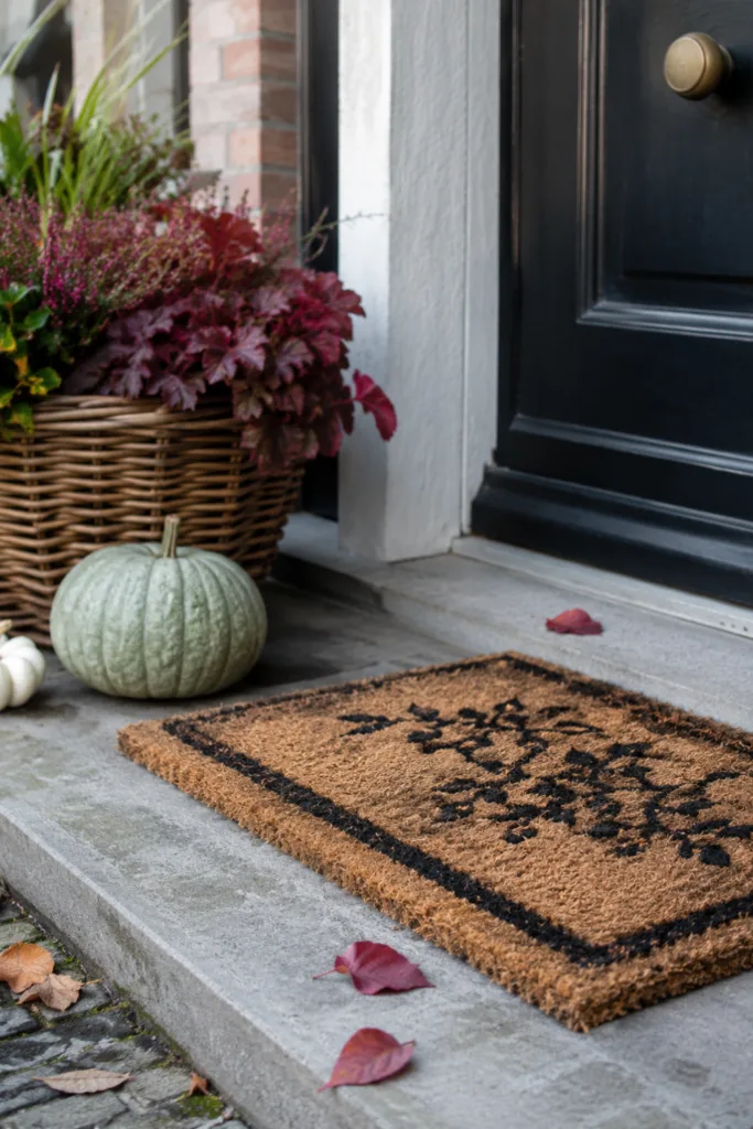 5 wunderschöne Ideen für deine Herbstdeko am Hauseingang Herbstdeko für den Hauseingang mit Fußmatte, Kürbis und bepflanztem Korb vor dunkler Haustür.