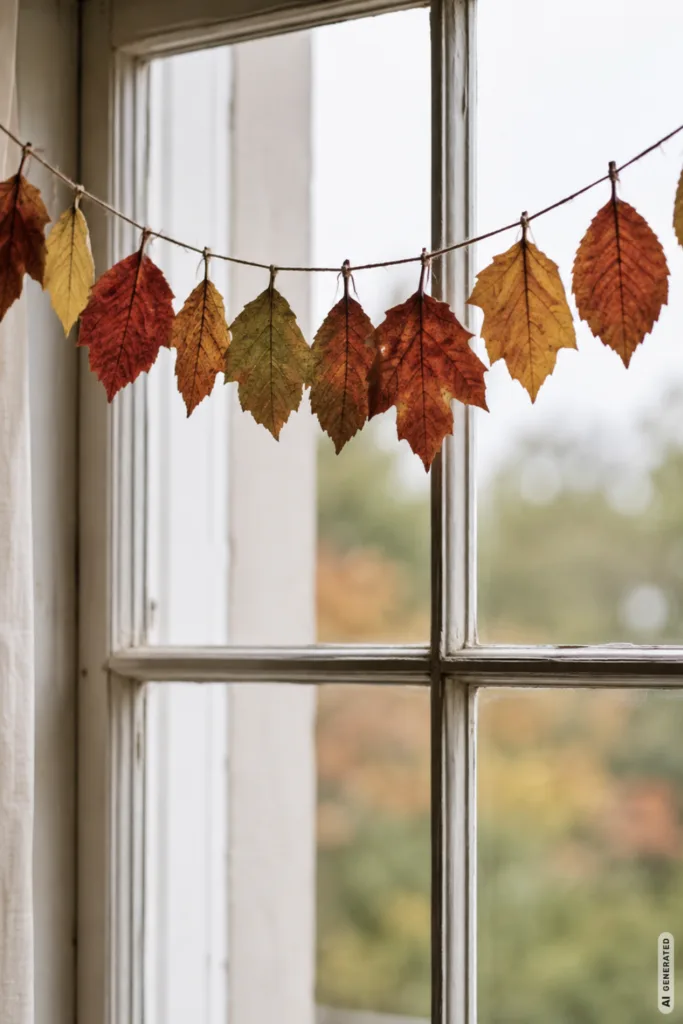 5 Herbstdeko-Ideen fürs Fenster, die dunkle Abende gemütlicher machen Herbstdeko fürs Fenster mit natürlicher Blättergirlande aus buntem Herbstlaub an einem hellen Holzfenster.