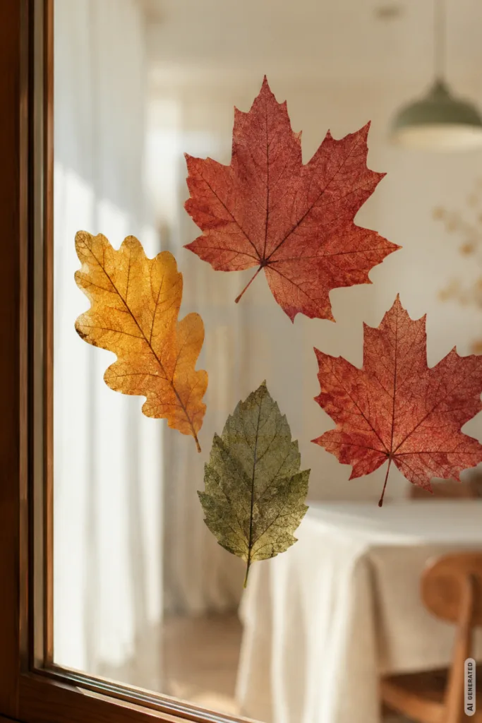 5 Herbstdeko-Ideen fürs Fenster, die dunkle Abende gemütlicher machen Herbstdeko fürs Fenster mit transparenten Blättern auf der Scheibe im warmen Tageslicht.