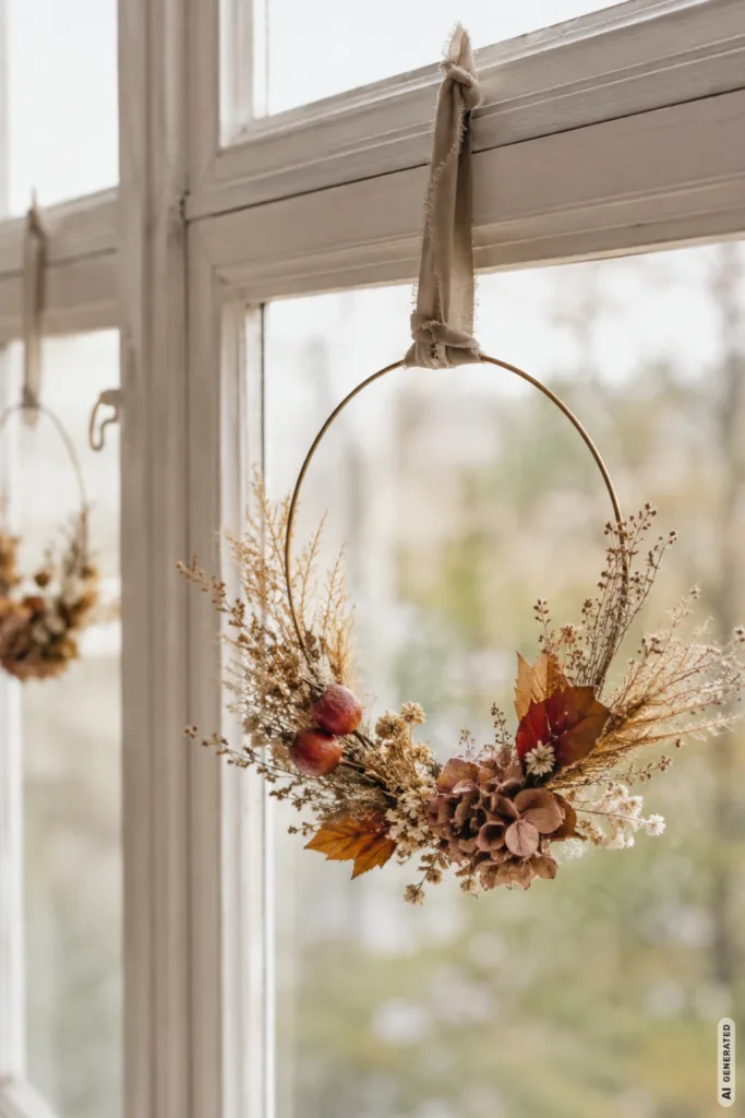 5 Herbstdeko-Ideen fürs Fenster, die dunkle Abende gemütlicher machen Herbstdeko fürs Fenster mit kleinen Kränzen aus Trockenblumen an einem hellen Holzfenster im weichen Tageslicht.