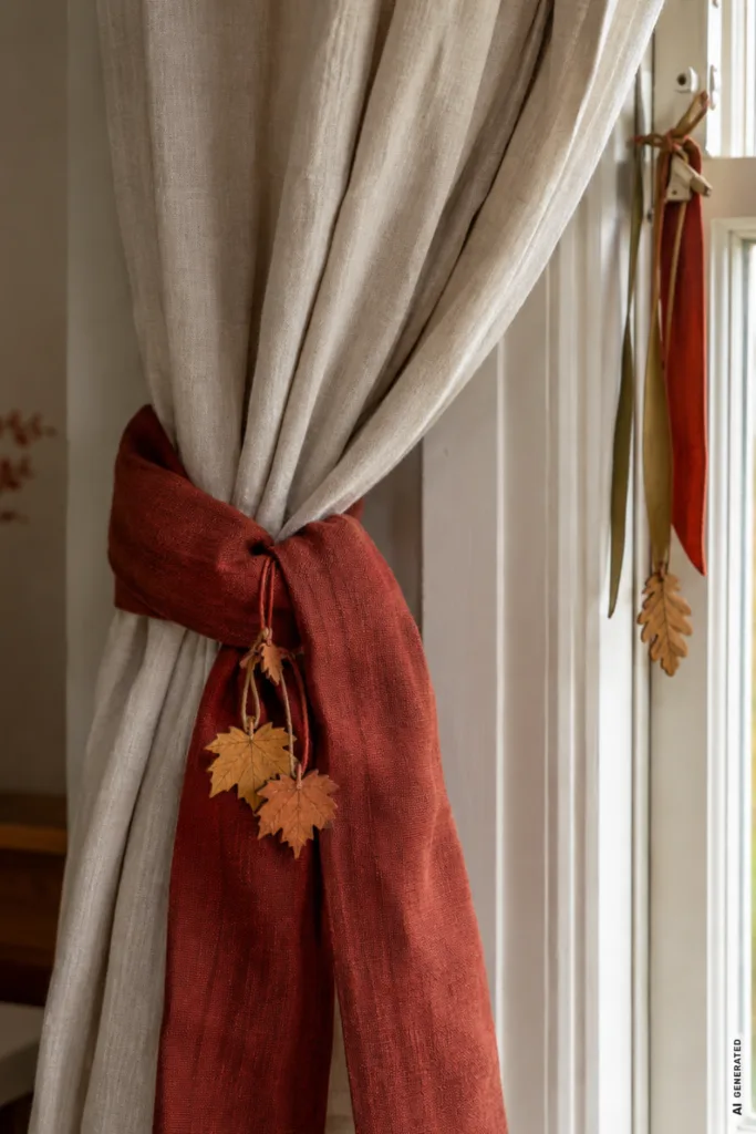 5 Herbstdeko-Ideen fürs Fenster, die dunkle Abende gemütlicher machen Herbstdeko fürs Fenster mit rustikalem Stoffband, Leinenvorhang und kleinen Blättern am Fensterrahmen.