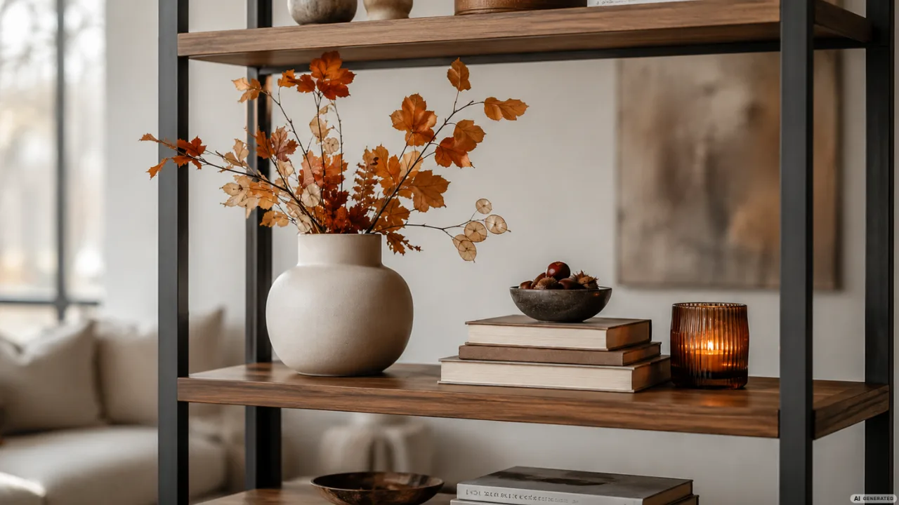 Moderne Herbstdeko fürs Regal mit Vase, Zweigen, Büchern und Kerzenlicht.