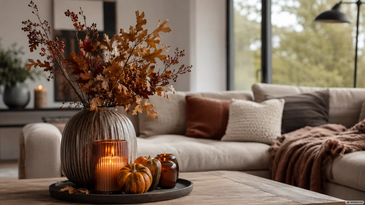Moderne Herbstdeko für große Wohnzimmer mit Vase, Zweigen, Kürbissen und warmen Wohntextilien.