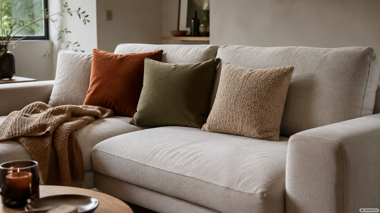 Modern dekoriertes Sofa mit Herbstdeko, Kissen in Rost und Oliv sowie kuscheliger Decke im Wohnzimmer.