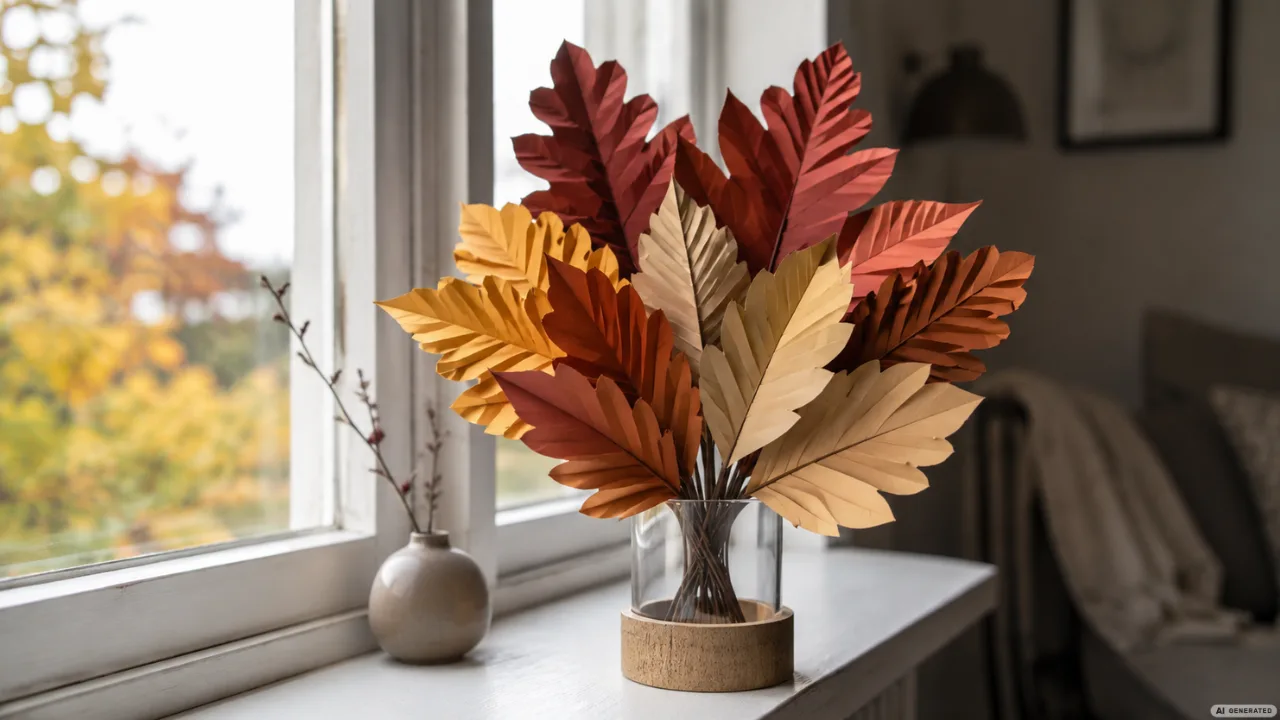 DIY Herbstdeko aus Papier auf der Fensterbank mit gefalteten Blättern in warmen Herbstfarben.