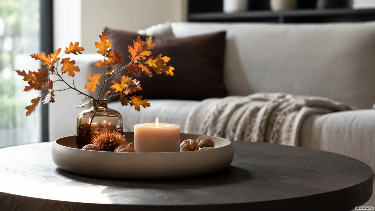 Moderne Herbstdeko für den Wohnzimmertisch mit Tablett, Kerze, Vase und Herbstzweigen im hellen Wohnzimmer.