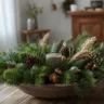Herbstdeko aus Tannenzweigen, Zapfen und Kerze auf Holztisch im gemütlichen Wohnzimmer.