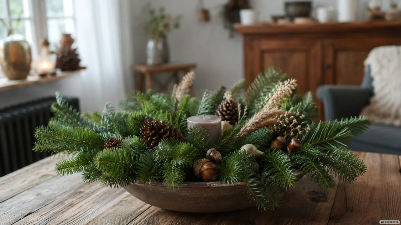 Herbstdeko aus Tannenzweigen, Zapfen und Kerze auf Holztisch im gemütlichen Wohnzimmer.