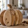 Rustikaler Holzkürbis als Herbstdeko aus Holz, gebastelt für ein gemütliches Wohnzimmer im Herbst.