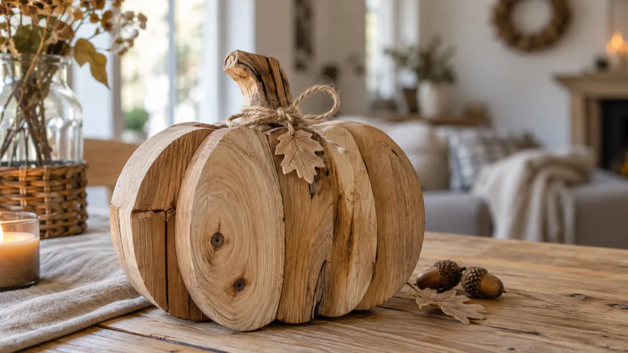 Rustikaler Holzkürbis als Herbstdeko aus Holz, gebastelt für ein gemütliches Wohnzimmer im Herbst.