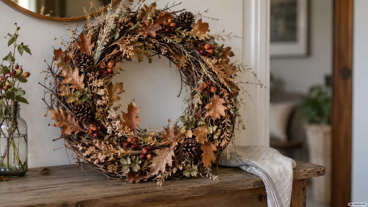 Großer selbst gebastelter Herbstkranz aus Zweigen, Blättern und Beeren als natürliche Herbstidee für den Eingang.