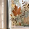 Moderne Herbstdeko für Fenster mit Blättern auf der Scheibe in hellem Wohnzimmer bei warmem Tageslicht.