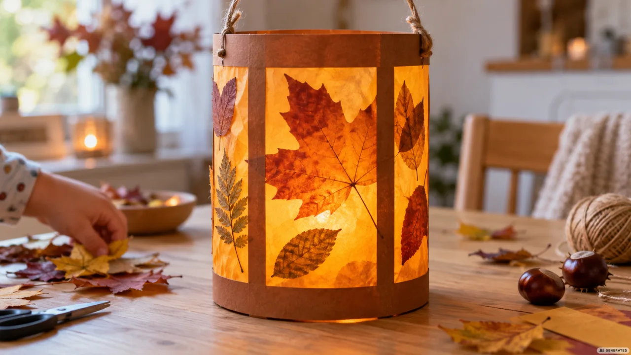 Herbstlaterne basteln mit Kindern: leuchtende DIY-Laterne aus Transparentpapier und Herbstblättern auf Holztisch.