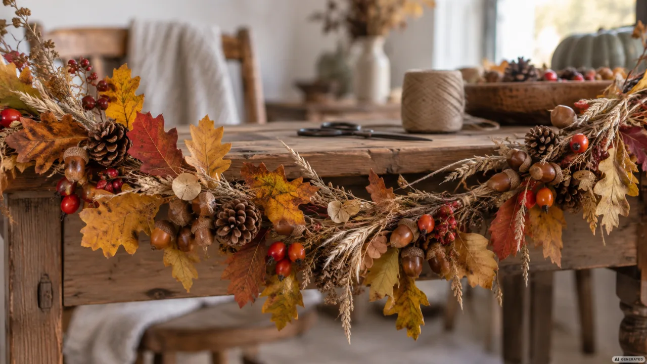 Herbstliche Girlande aus Naturmaterialien mit Blättern, Eicheln und Zapfen auf einem Holztisch.