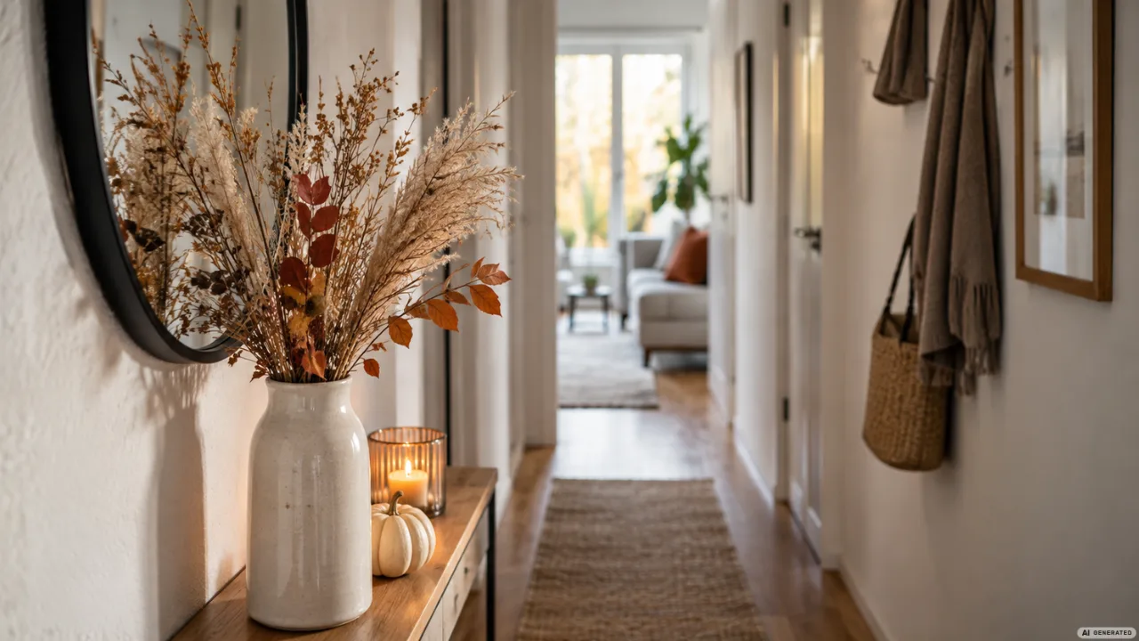 Moderne Herbstdeko für schmale Flure mit Vase, Trockenblumen und schlichter Deko als günstige Idee.