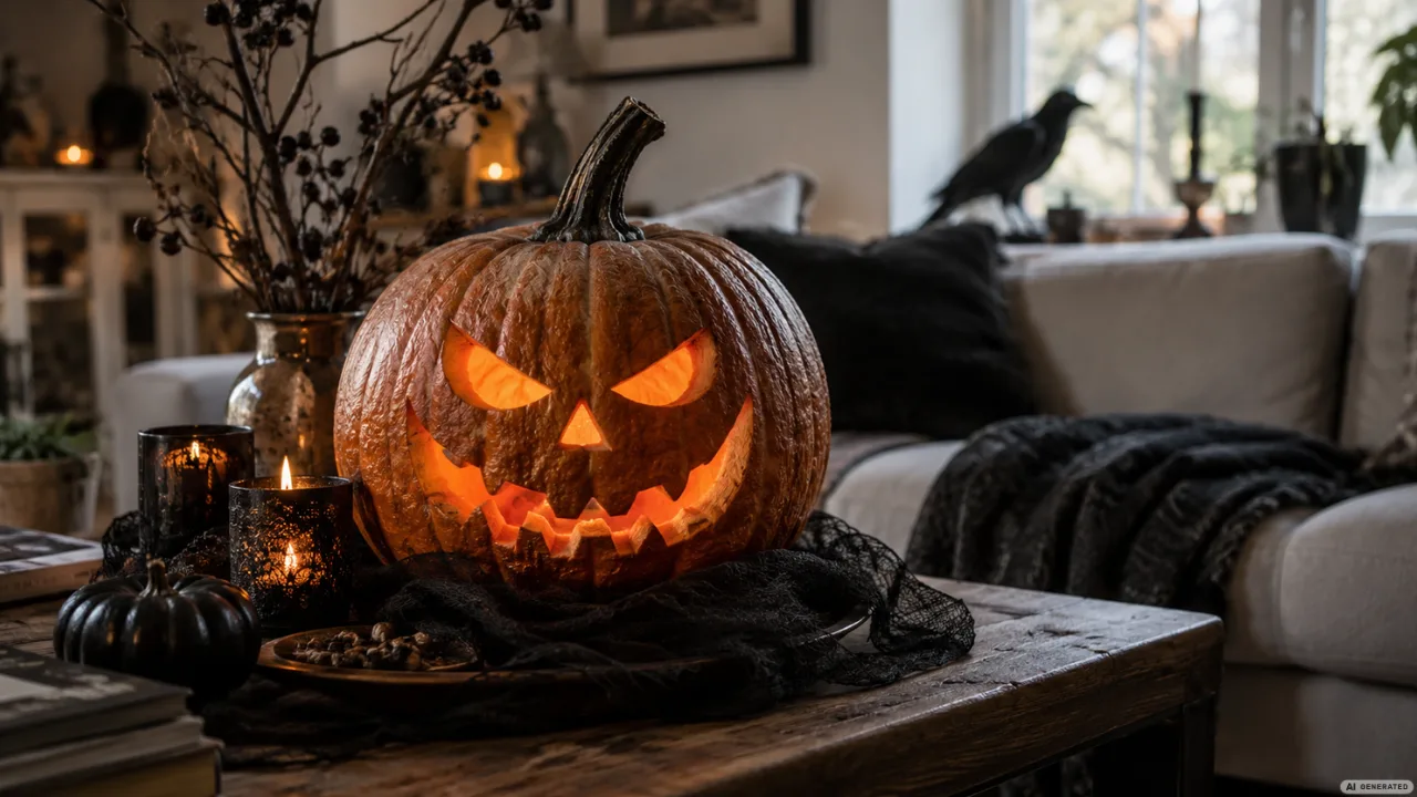 Halloweendeko im Wohnzimmer mit leuchtendem Kürbis, Kerzen und dunkler Deko als gruselige Idee.