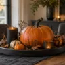 Halloweendeko für den Esstisch mit großem Kürbis, Kerzen und herbstlichem Arrangement im modernen Esszimmer.
