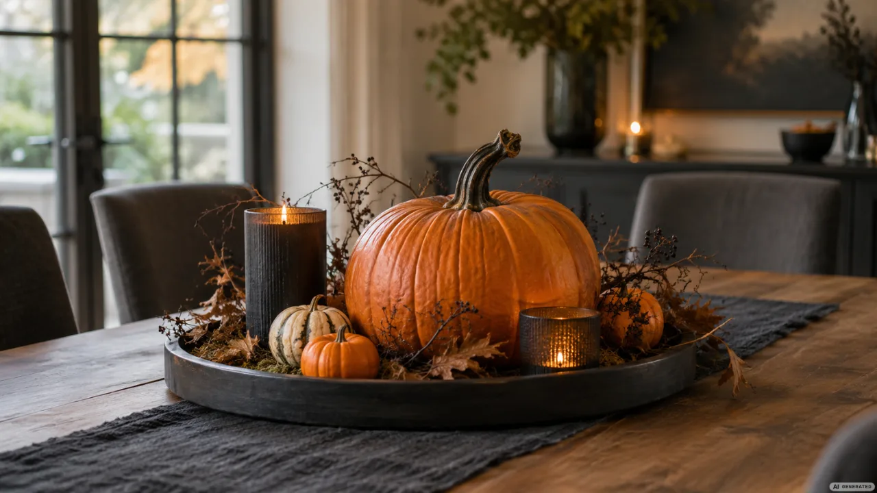 Halloweendeko für den Esstisch mit großem Kürbis, Kerzen und herbstlichem Arrangement im modernen Esszimmer.