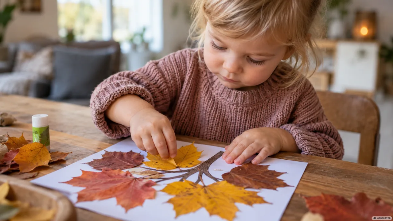 Basteln mit Kleinkindern im Herbst: Ein Kind gestaltet mit bunten Blättern ein herbstliches Bild am Holztisch.