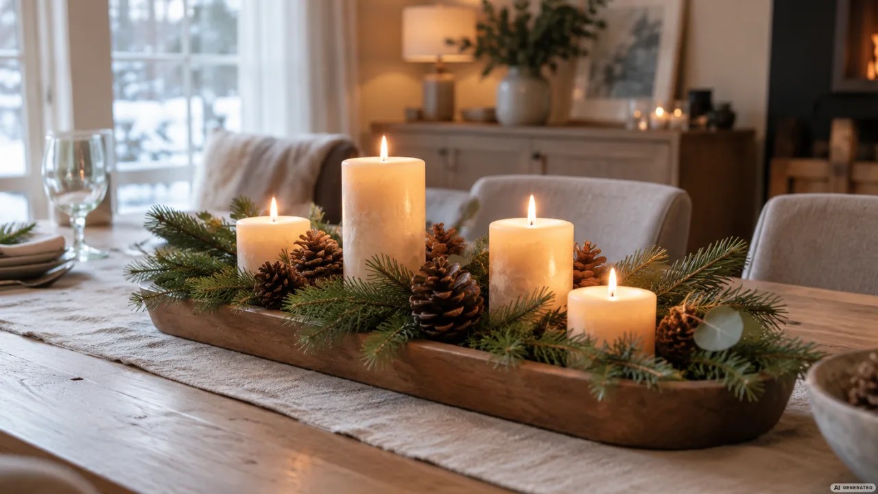 Winterdeko für den Esstisch mit Kerzen, Tannengrün und Zapfen als ruhige Tischdeko im natürlichen Stil.
