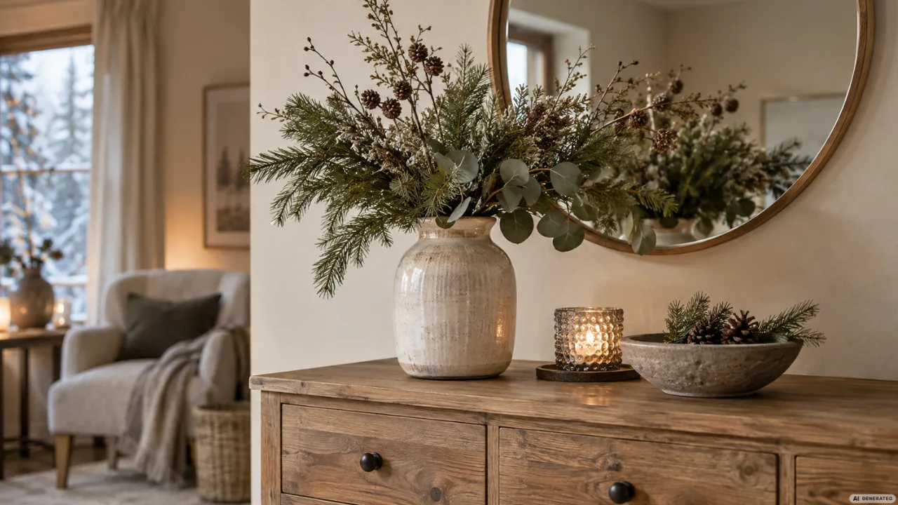 Winterdeko für die Kommode mit Vase, Tannengrün, Kerze und natürlicher Deko im warmen Wohnraum.