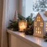 Winterdeko für die Fensterbank mit Kerzen, Tannengrün, Zapfen und leuchtendem Dekohaus im gemütlichen Wohnzimmer.