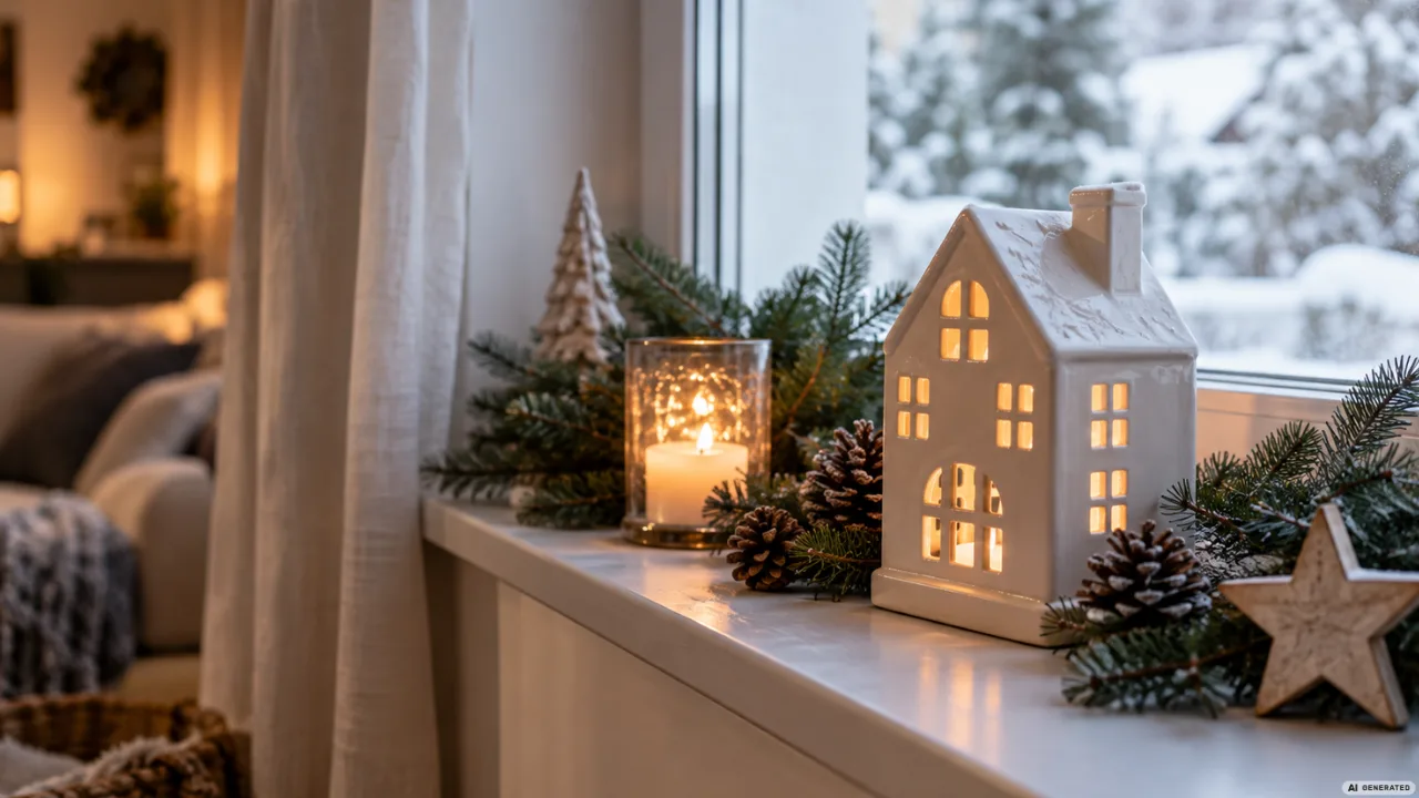 Winterdeko für die Fensterbank mit Kerzen, Tannengrün, Zapfen und leuchtendem Dekohaus im gemütlichen Wohnzimmer.