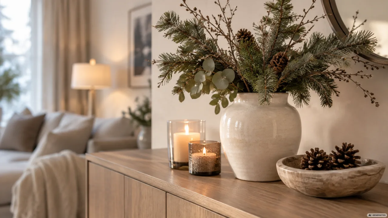Diese 5 Winterdeko-Ideen lassen dein Sideboard hochwertig wirken, ohne zu überladen Winterdeko fürs Sideboard mit Vase, Tannenzweigen, Kerzen und Zapfen in warmem Wohnraum.