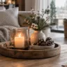 Winterdeko für den Couchtisch mit Kerze, Tannenzweigen und Zapfen auf einem Holztablett im Wohnzimmer.