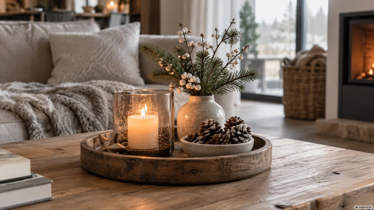 Winterdeko für den Couchtisch mit Kerze, Tannenzweigen und Zapfen auf einem Holztablett im Wohnzimmer.