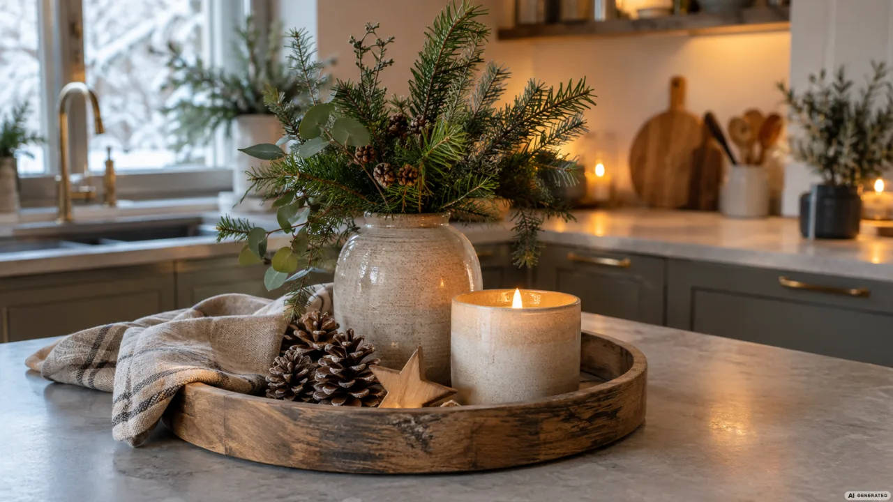 Winterdeko für die Küche mit Kerze, Tannenzweigen, Holztablett und natürlichen Materialien auf der Kücheninsel.