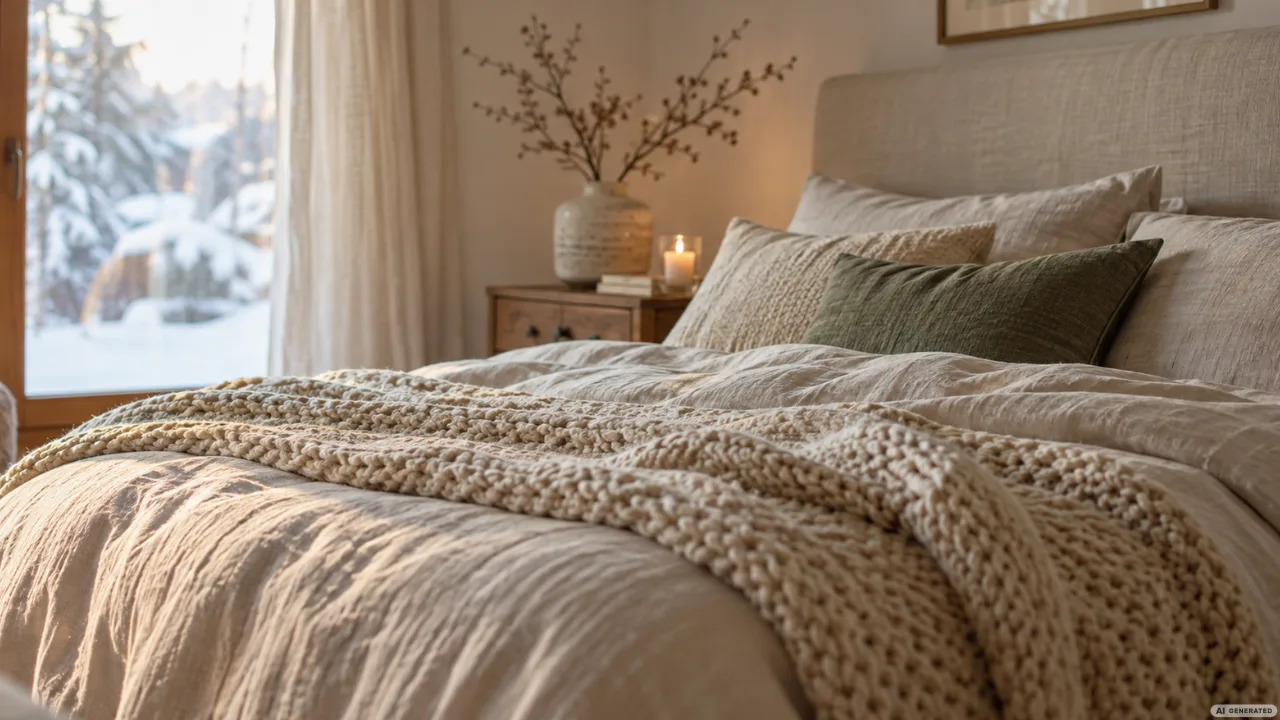 Winterdeko fürs Schlafzimmer mit hellem Bett, Strickdecke, Naturtönen und winterlichem Blick aus dem Fenster.