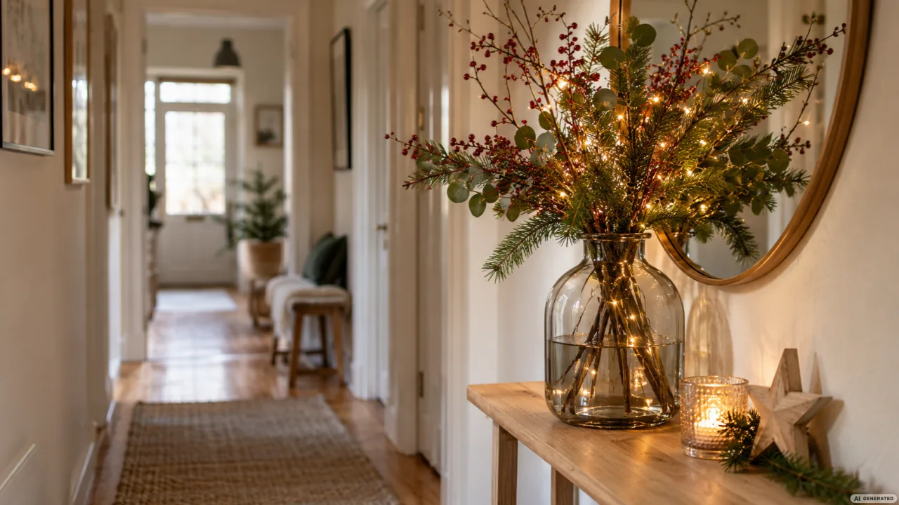 Winterdeko für schmale Flure mit Vase, Winterzweigen, Spiegel und schmaler Holzkonsole.