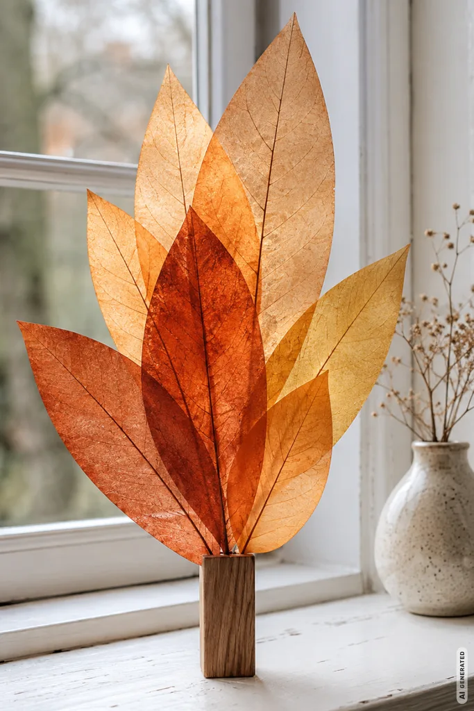 Herbstdeko aus Papier für die Fensterbank: 5 DIY-Ideen zum Selbermachen DIY Herbstdeko aus Papier auf der Fensterbank mit leuchtenden Transparentpapier-Blättern im weichen Tageslicht.