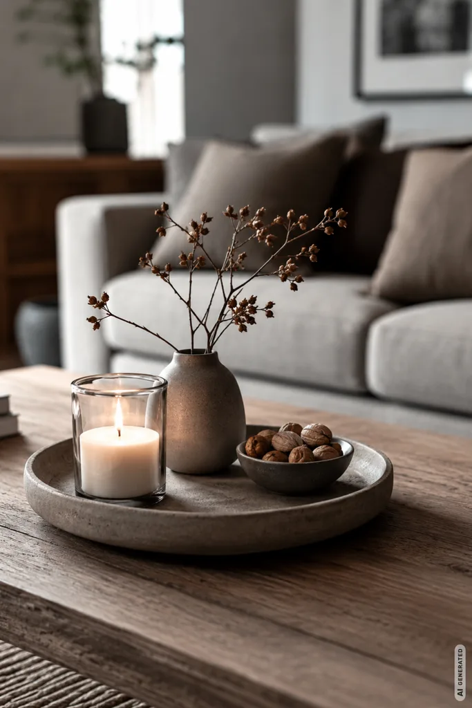 Moderne Herbstdeko für den Wohnzimmertisch mit Schale, Kerze, Walnüssen und Vase mit Zweigen.