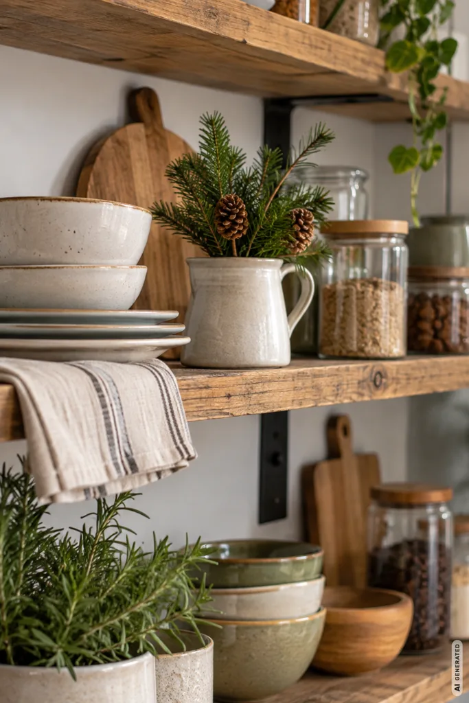 Winterdeko für die Küche mit offenem Holzregal, Keramik, Tannenzweigen und natürlichen Winterelementen.