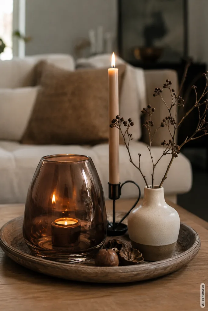 Moderne Herbstdeko für den Wohnzimmertisch mit Kerzen, Rauchglas, Vase und herbstlichen Naturmaterialien.