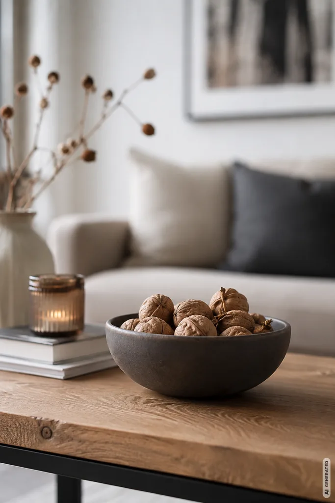Moderne Herbstdeko für den Wohnzimmertisch mit Walnussschale, Kerze und Naturzweigen im modernen Wohnzimmer.