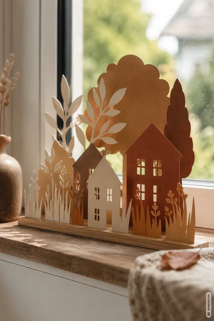 Herbstdeko aus Papier für die Fensterbank: 5 DIY-Ideen zum Selbermachen Herbstdeko aus Papier für die Fensterbank mit Häusern, Bäumen und Gräsern als DIY Papierlandschaft.