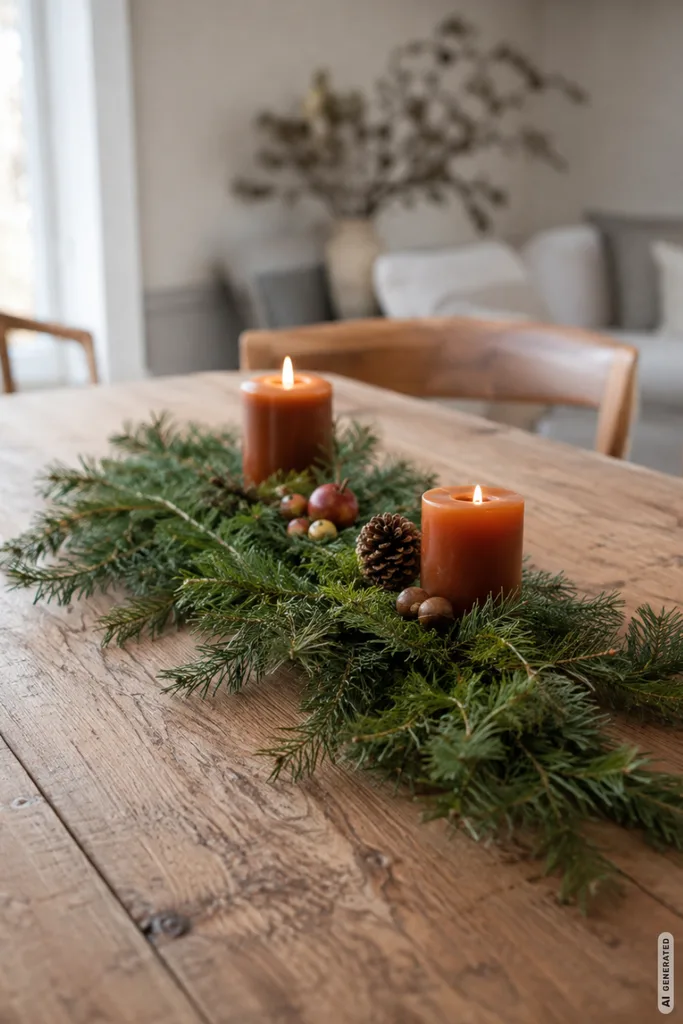 Herbstdeko basteln mit Tannenzweigen als natürliche Tischdeko mit Kerzen, Zapfen und Eicheln.